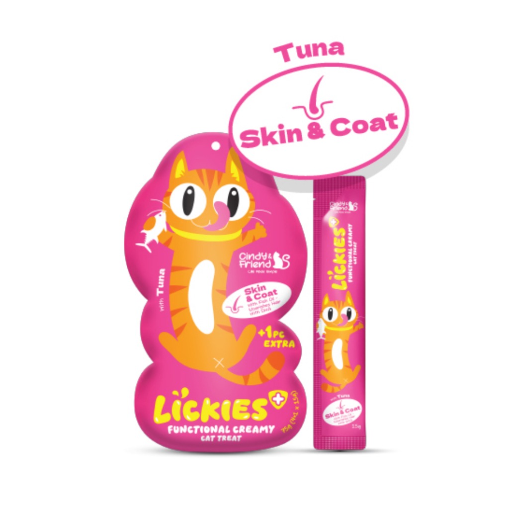 Cindy & Friend Lickies Functional Creamy Lickable Cat Treat for Skin & Coat with Tuna & Chicken 75g (5 x 15g)