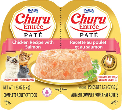 INABA Churu Entree Pate for Cats, Grain-Free, High Protein, Prebiotic Complete & Balanced Wet Cat Food - Chicken with Salmon Recipe