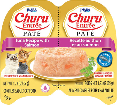 INABA Churu Entree Pate for Cats, Grain-Free, High Protein, Prebiotic Complete & Balanced Wet Cat Food - Tuna with Salmon Recipe