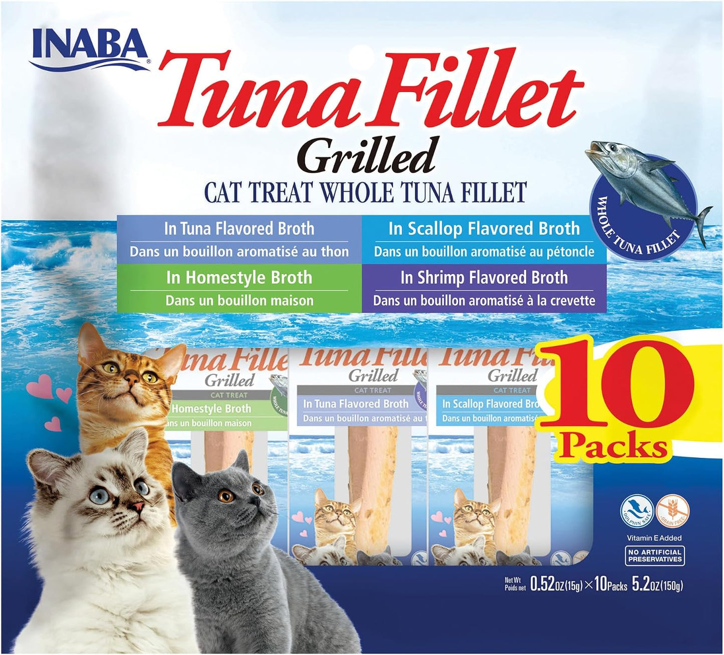 INABA Premium Grilled Tuna Fillet Cat Treats with Vitamin E and Green Tea Extract - Bag of 10