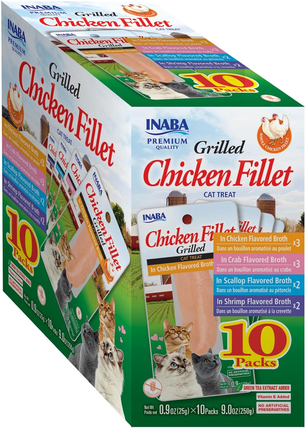 INABA Grilled Chicken Fillet Cat Treats with Vitamin E and Green Tea Extract - Bag of 10