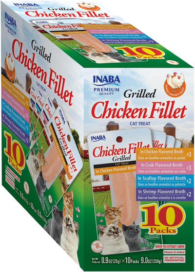 INABA Grilled Chicken Fillet Cat Treats with Vitamin E and Green Tea Extract - Bag of 10