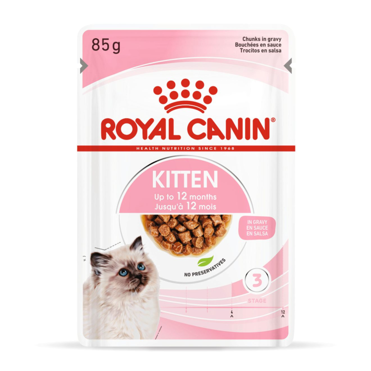 Royal Canin Kitten food pouch on a white background