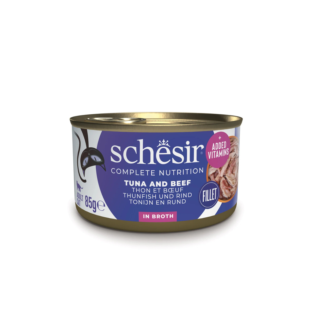 Schesir Complete & Balanced Nutrition Wet Cat Food in Broth Can- Tuna With Beef 85g