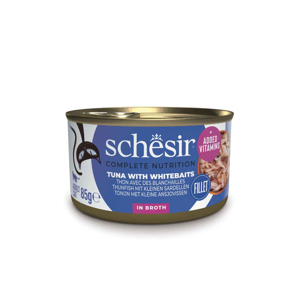 Schesir Complete & Balanced Nutrition Wet Cat Food in Broth Can- Tuna With Whitebait 85g