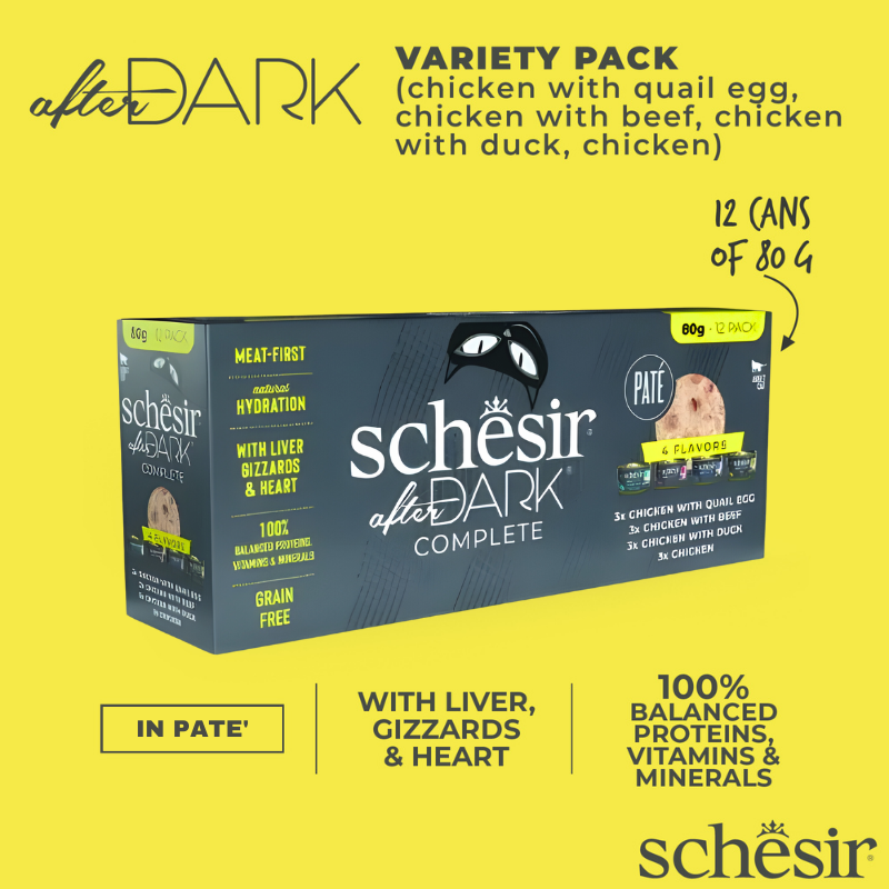 Schesir After Dark In Pate Variety Pack For Cat 960g (80g x12 Cans) - 4 Flavors ( 3 Cans Each Flavor)