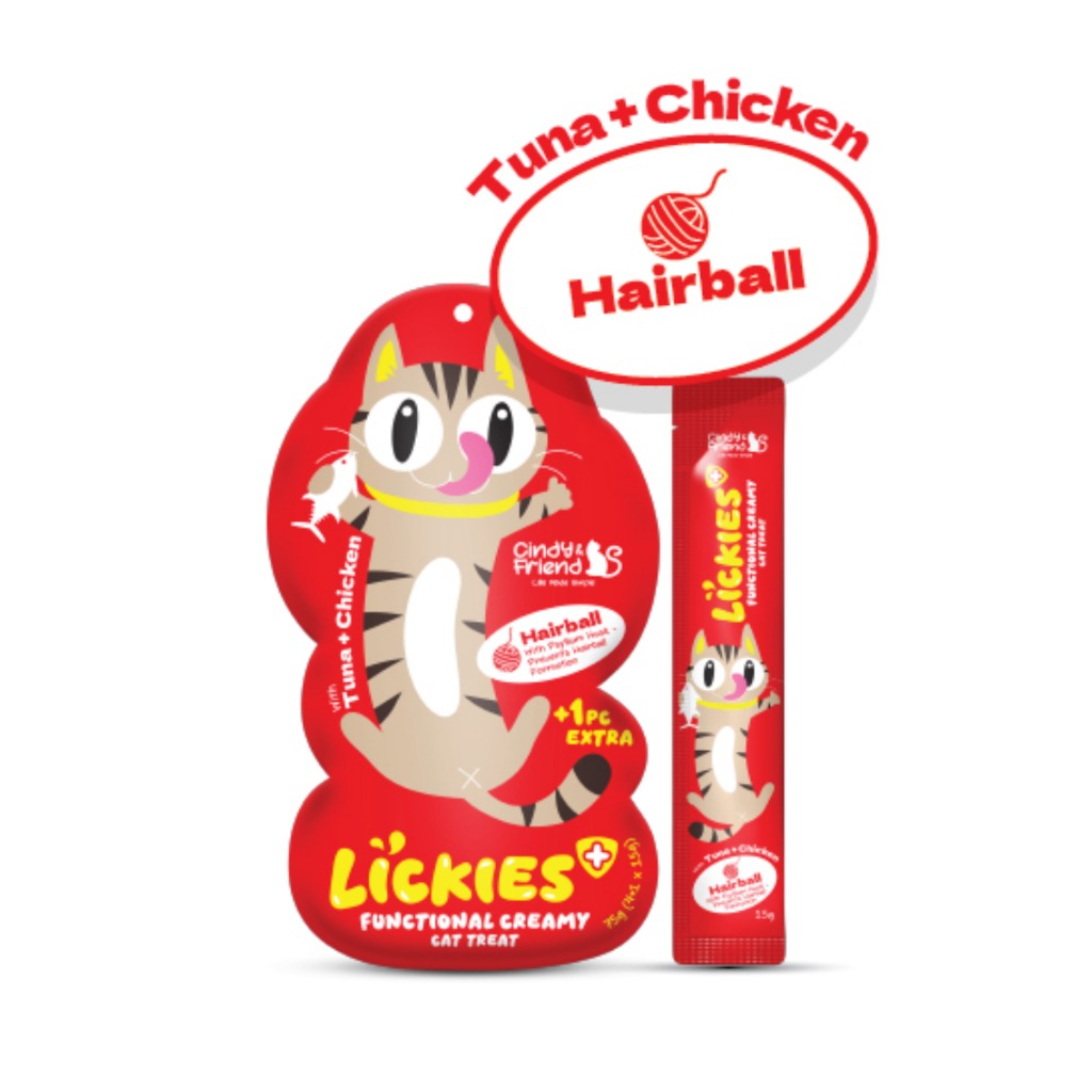 Cindy & Friend Lickies Functional Creamy Lickable Cat Treat for Hairball with Tuna & Chicken 75g (5 × 15g)