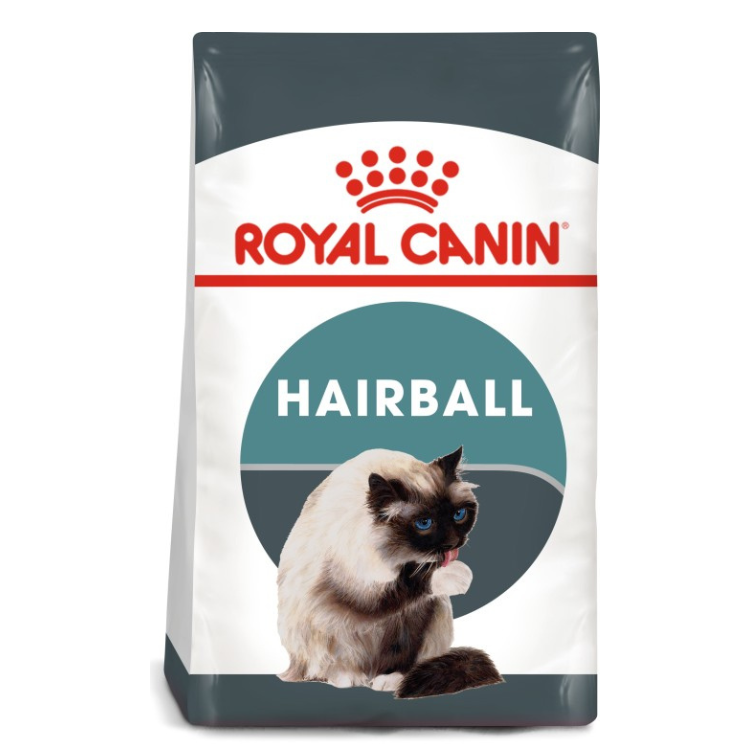 Royal Canin Hairball cat food bag with a cat on the label