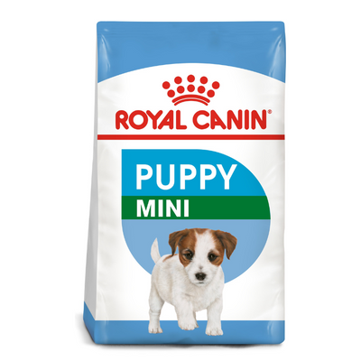Royal Canin Puppy Mini dog food packaging on a white background
